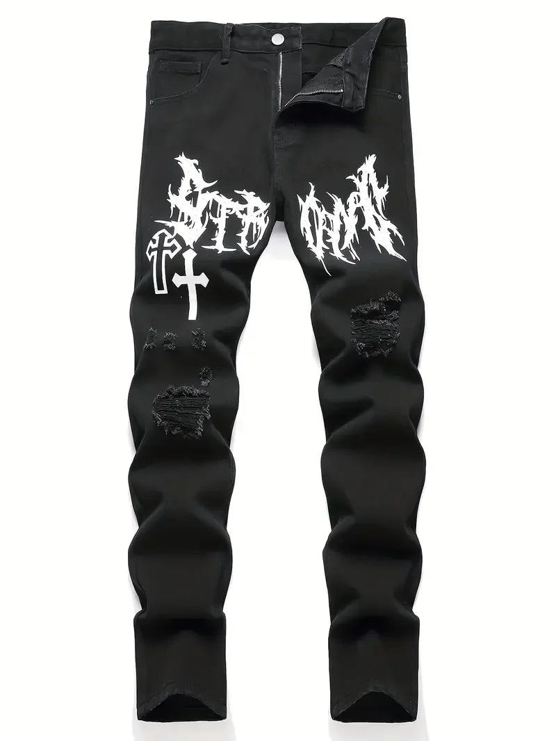 Men'S Street Paint Printed Jeans - Graffiti Splash Graphic Denim Pants For Urban Streetwear