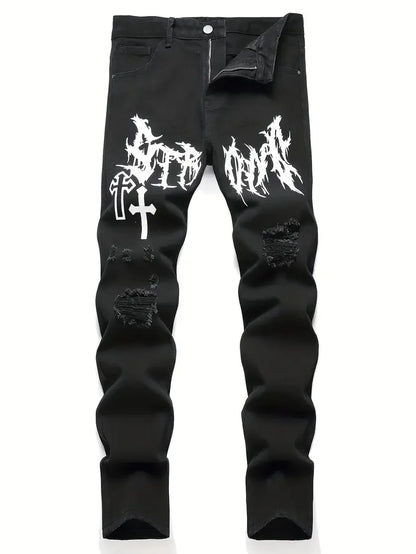 Men'S Street Paint Printed Jeans - Graffiti Splash Graphic Denim Pants For Urban Streetwear