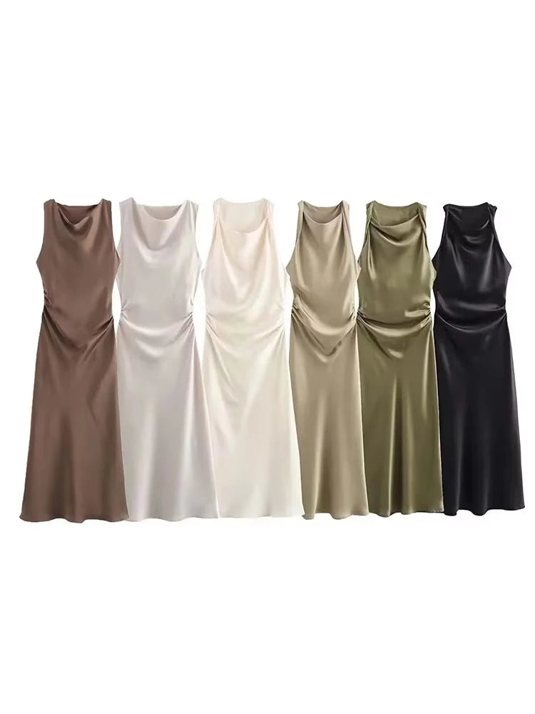 Satin Long Dresses For Women 2026 Summer Slip Midi Dress Woman Cute Ev