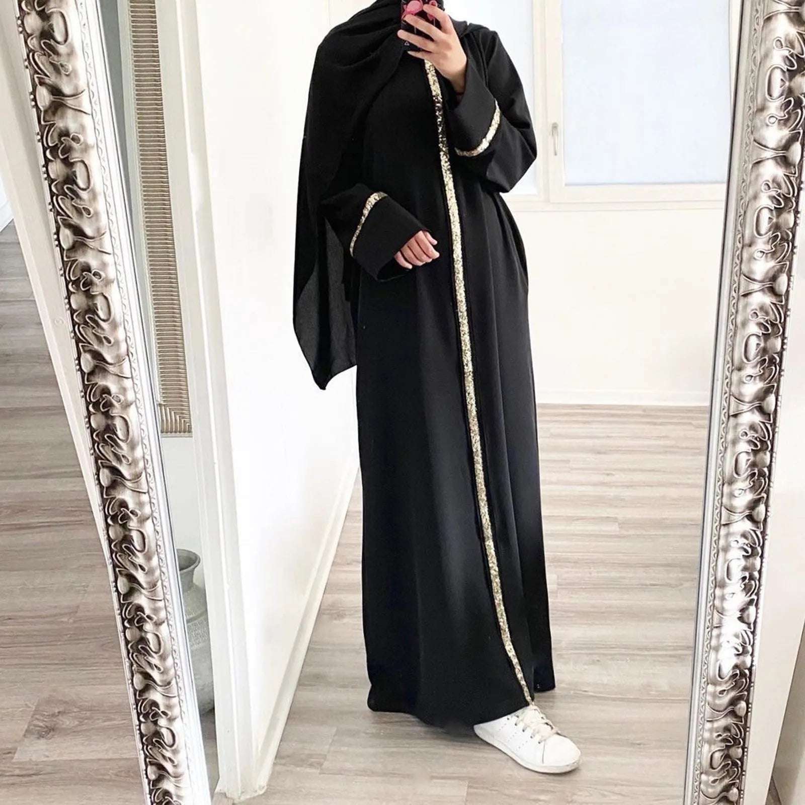 Muslim Women Maxi Dress Sequins Patchwork Solid Color Puff Sleeve Crew Neck  Long Dress Women Islamic Vestidos Robe