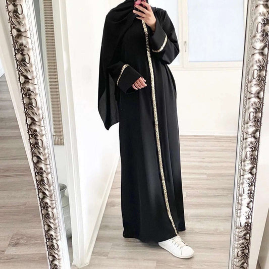 Muslim Women Maxi Dress Sequins Patchwork Solid Color Puff Sleeve Crew Neck  Long Dress Women Islamic Vestidos Robe