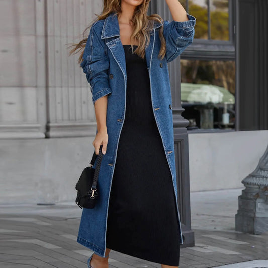 Women Vintage Long Jean Jacket Temperament Loose Fit Double Breasted Denim Jacket Lapel TrenCoat With Belt Woman Clothing