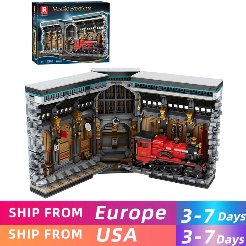 2795PCS Train Station Magic Bookend MOC Model Building Blocks Creative Street View Assembly Bricks Set With Light Kids Toys Gift