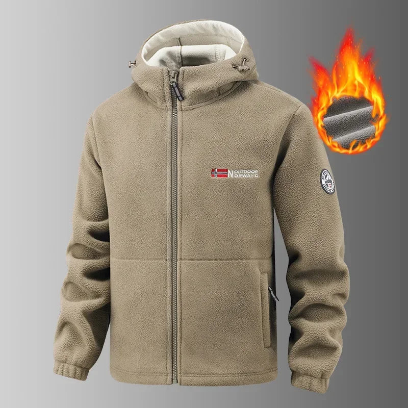 New Men's Autumn Winter Thickened Outdoor Jacket Fleece Lined Hooded Norway Plush Coat Couple Warm Outerwear Casual Loose Fit