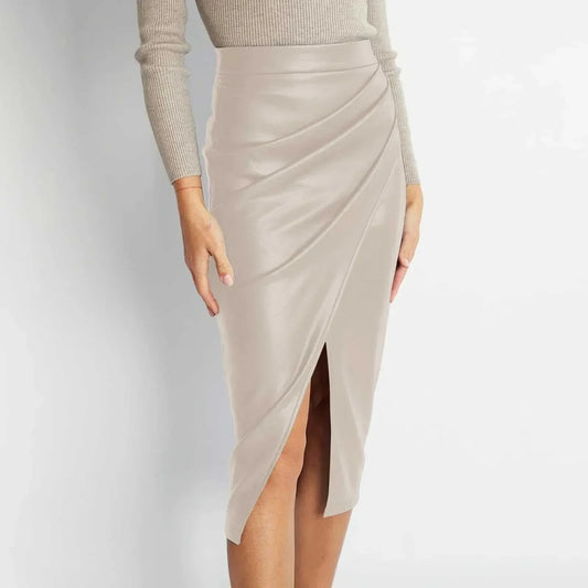 Women's Faux Leather High Waisted Front Slit Midi Skirt Zip Back Ruched Bodycon Skirts Fall Club  Hip Wrapped Skirts