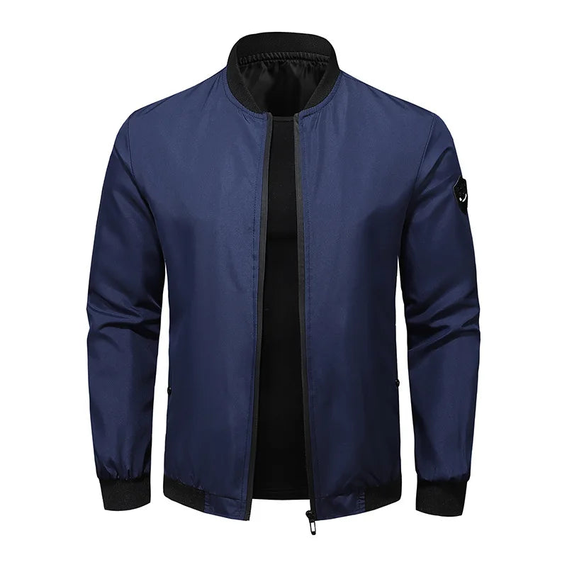 Men's Versatile Stand Up Collar Solid Color Baseball Jacket, Fashionab