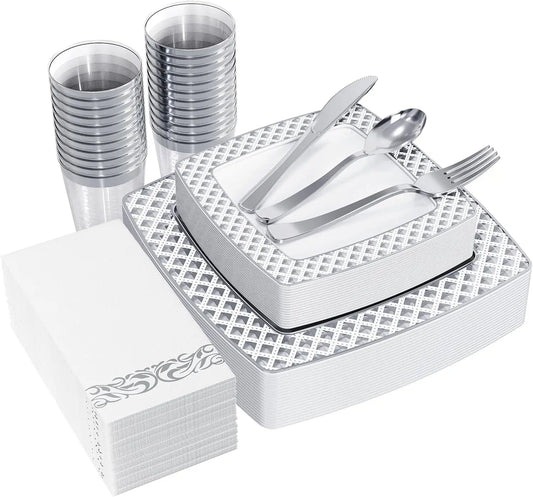 175-Count Silver Disposable Dinnerware Set For 25 Guests, Includes Plates, Cups, Cutlery For Weddings And Parties