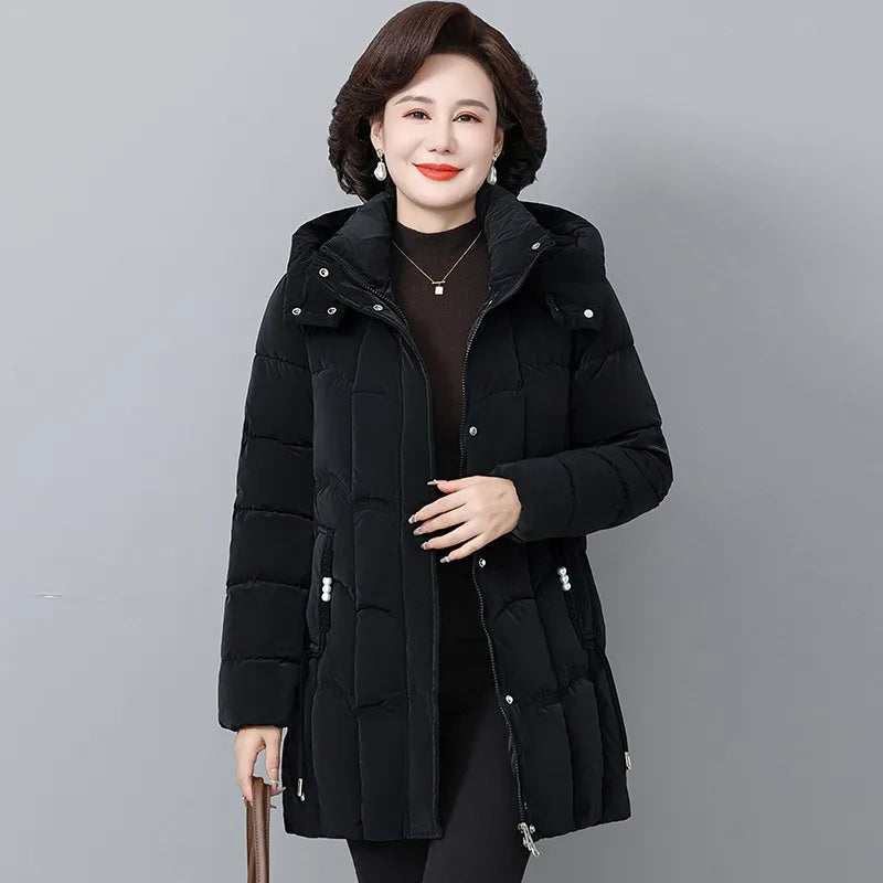 Women Winter Thickened Jackets Down Cotton Parkas Hooded Quilted Long Pockets coat Middle aged Female Overcoat