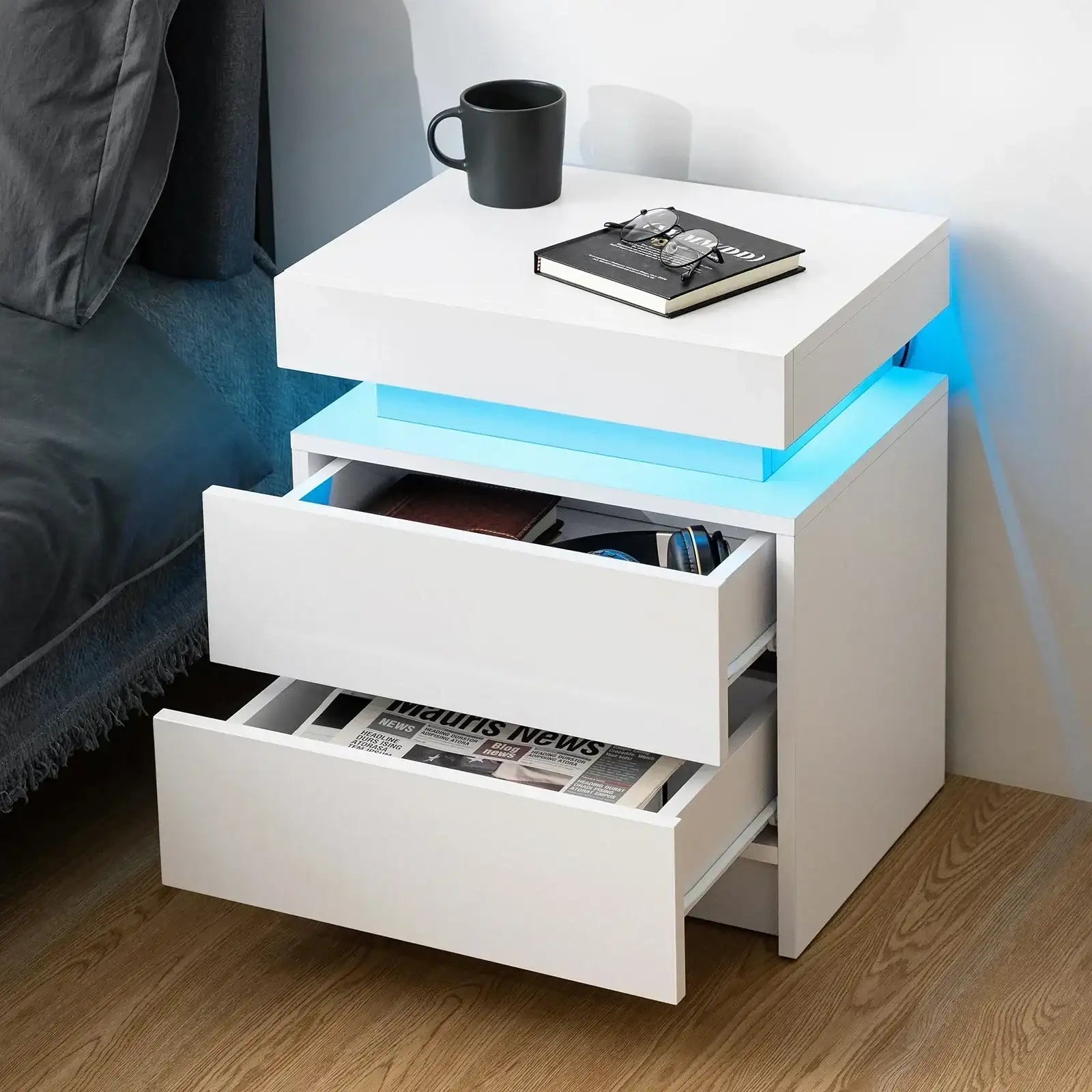 Nightstand LED Light Bedside Table Cabinet with 2 Drawer Bedroom High Gloss