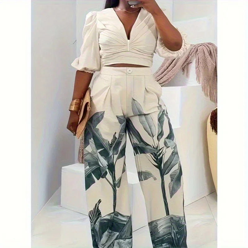 Plant Print Pleated V-Neck Lantern Sleeve Top And Wide Leg Pants Two-Piece Matching Set
