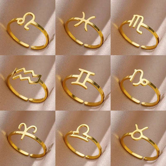 Vintage Zodiac Sign Rings For Women G Color Stainless Steel 12 Constellations Adjustable Ring Femme Wedding Christmas Jewelry