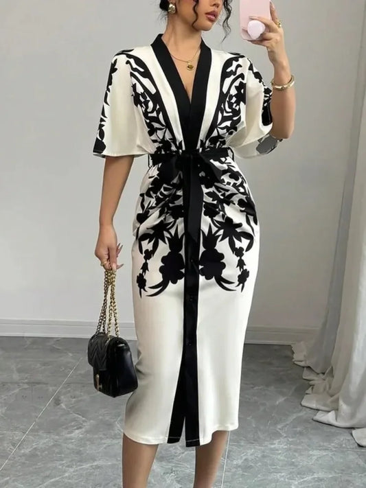 Office Ladies Office A-line Dress 2025 New Summer Half Sleeves Flower Print Printed Tied Waist V-Neck Women Midi Dresses
