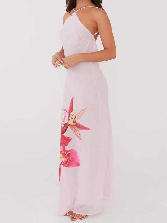 Floral Print Sleeveless Maxi Dress With Open Back And  Fit Design For Summer Parties And Beach Vacations