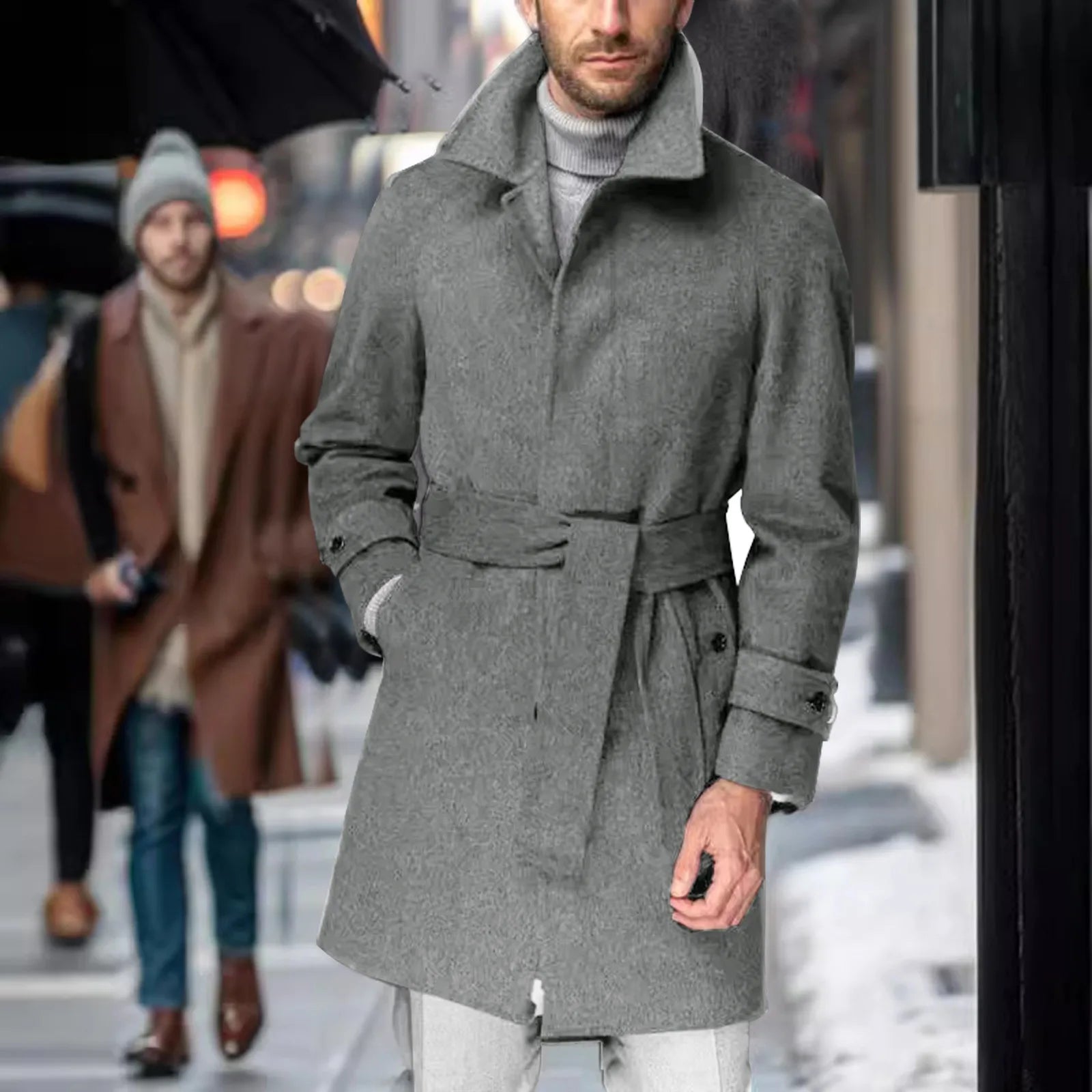 Men'S Vintage Woolen Windbreaker Trench Coat - Lapel Buttoned Belt Mid-Length Fall Winter Casual Outerwear