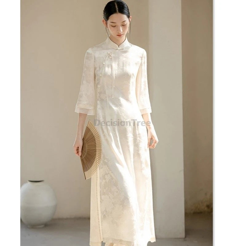 White Aodai Vietnam Clothing Cheongsam Set Aodai Vietnam Dress Vietnamese Women Traditional Qipao Half Sleeves Cheongsam Dress