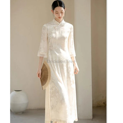 White Aodai Vietnam Clothing Cheongsam Set Aodai Vietnam Dress Vietnamese Women Traditional Qipao Half Sleeves Cheongsam Dress