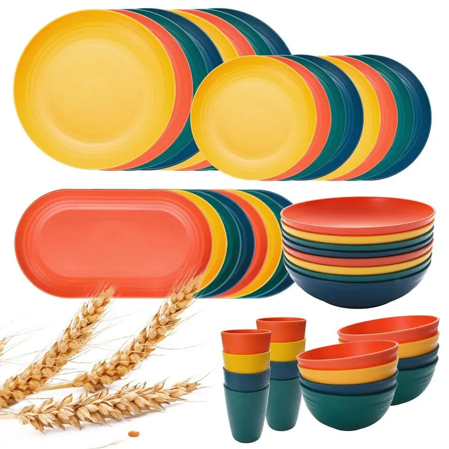 48Pcs Kitchen Wheat Straw Dinnerware Set, Service For 8, Plastic Reuasble Dinner Dishes Serving Plate Set For Kitchen, Including