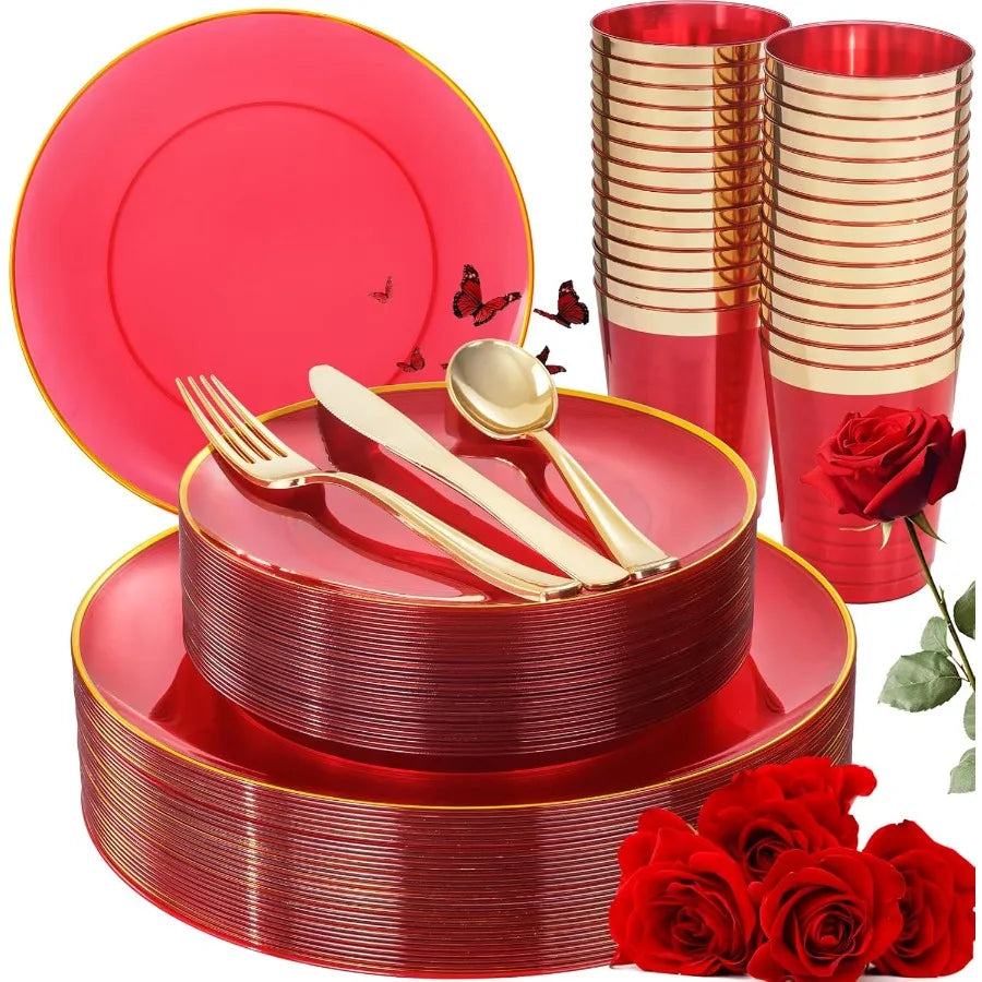 180 Pcs Clear Red Plastic Plates Disposable Dinnerware Set With Red And Gold Design For Birthday Party Includes Large Dinner Pl