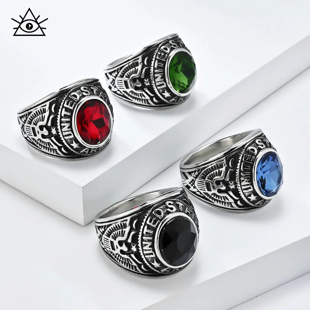 American Bald Eagle Retro Titanium Steel Ring Marine Army Diamonds Imitation Gemstone Eagle Vulture Ring