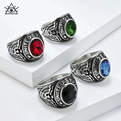 American Bald Eagle Retro Titanium Steel Ring Marine Army Diamonds Imitation Gemstone Eagle Vulture Ring