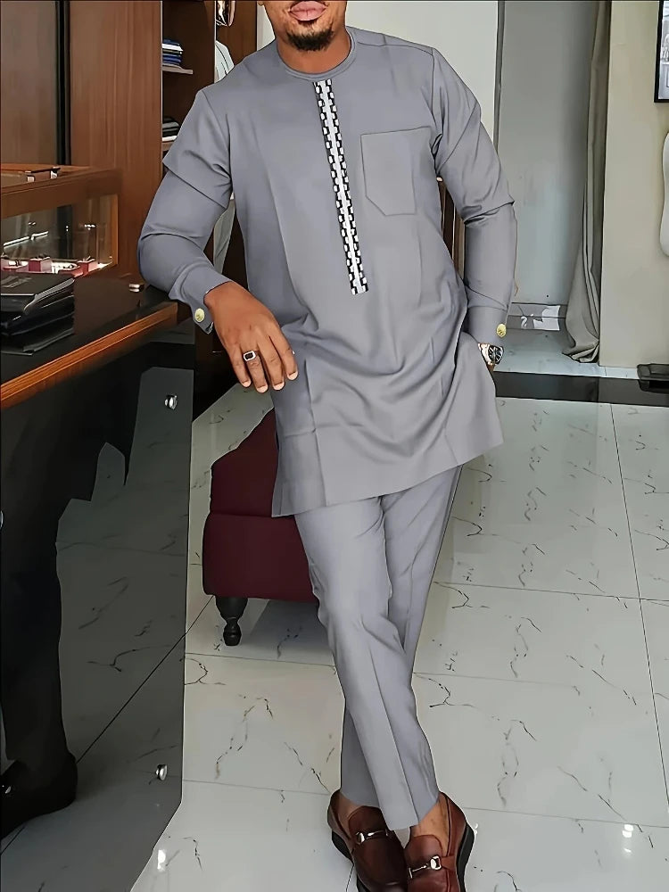 Men'S Casual Long-Sleeved Two-Piece Set: Mid-Length Top And Trousers