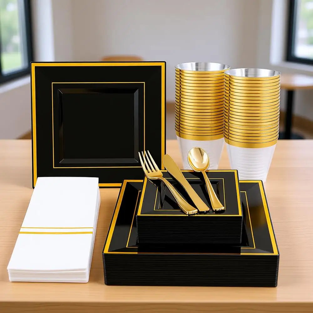 350Pcs Black And Gold Plastic Plates, 50 Disposable Square Dinnerware Set With 100 Plates, 50 Cups, 150 Cutlery, 50 Napkins For