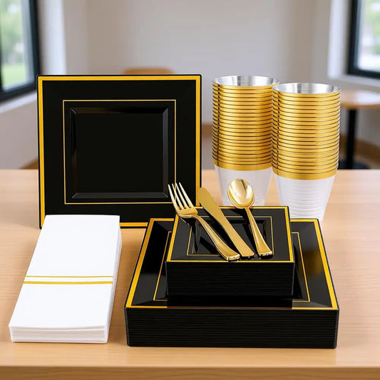 350Pcs Black And Gold Plastic Plates, 50 Disposable Square Dinnerware Set With 100 Plates, 50 Cups, 150 Cutlery, 50 Napkins For