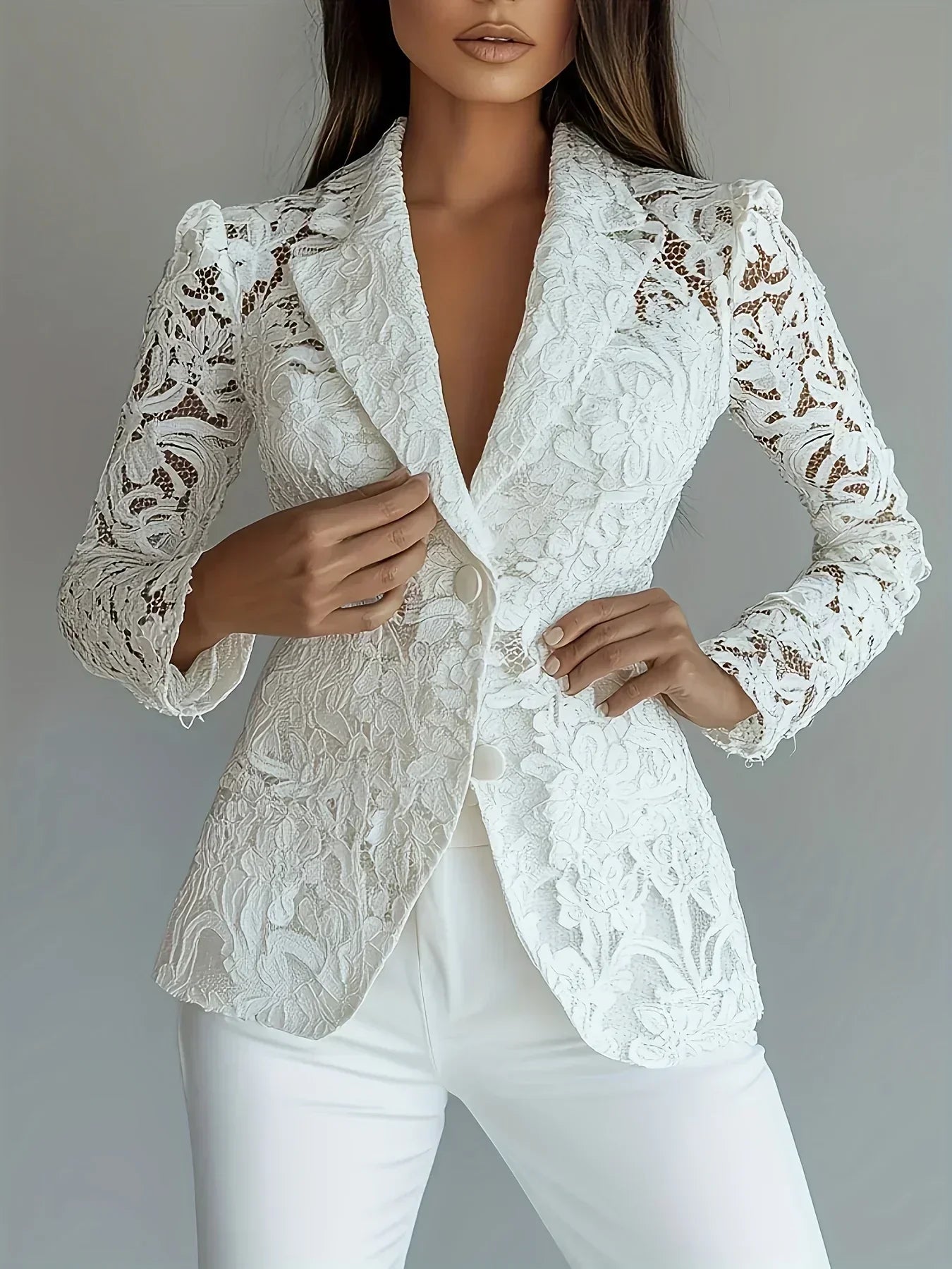 Lace-Trimmed Women'Single-Breasted Notch Lapel Blazer Jacket - White H-Silhouette Machine-Washable Spring/Summer Light