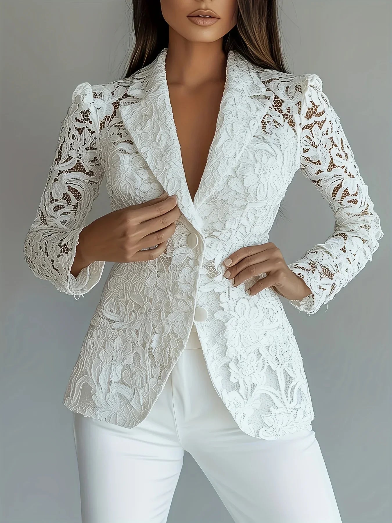 Lace-Trimmed Womeningle-Breasted NotLapel Blazer Jacket - White H-Silhouette Machine-Washable Spring/Summer Light