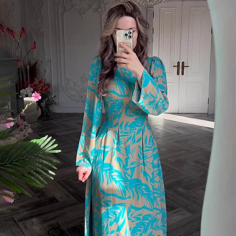 Muslim Women Dress Long Dresses Party Print Round Neck Long Sleeve Cas