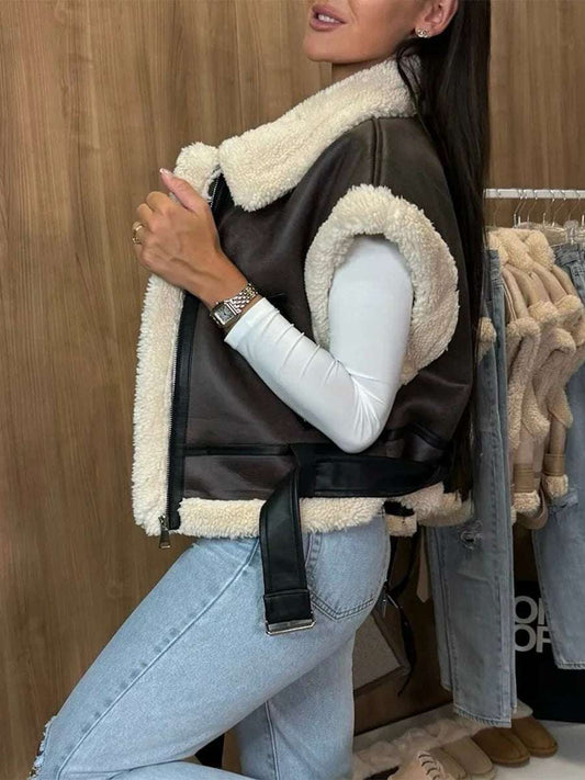 Women Winter Faux Suede Vest Sleeveless Zipper-Up Fleece Sherpa Lined Jacket Fashion Casual Outerwear Coat