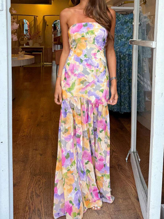Elegant Off-Shoulder Maxi Dress with Boho Floral Print and Open Back Design for Summer Wedding Party Vacation Wear