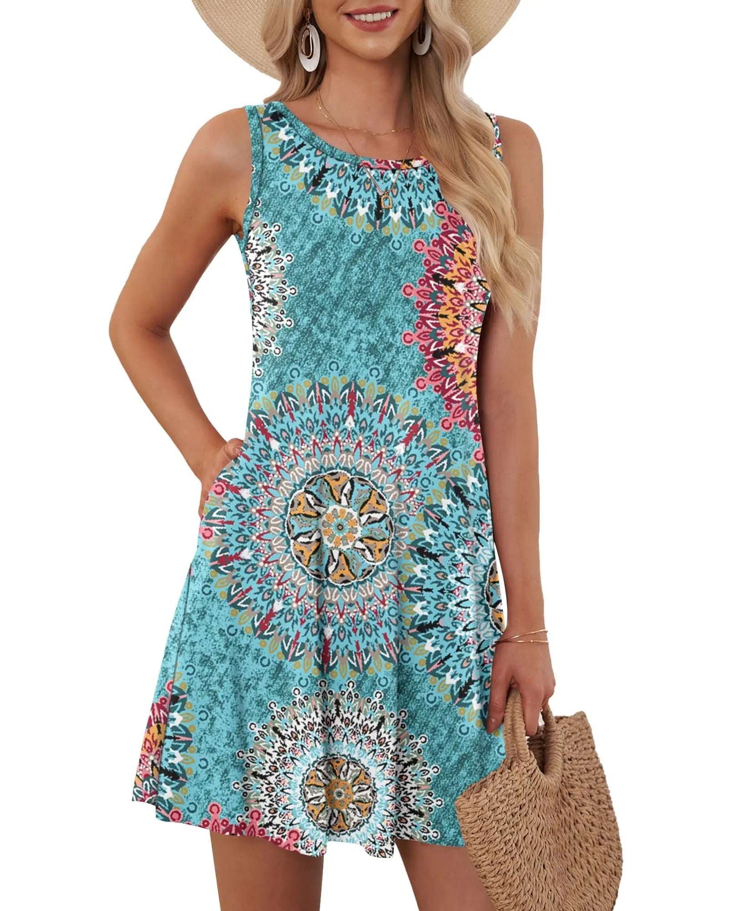 Summer WoMen's Sleeveless Plus Size 5XL WoMen's Long Skirt Boho Round Geometric Print Fashionable and Comfortable Tank Top Dress