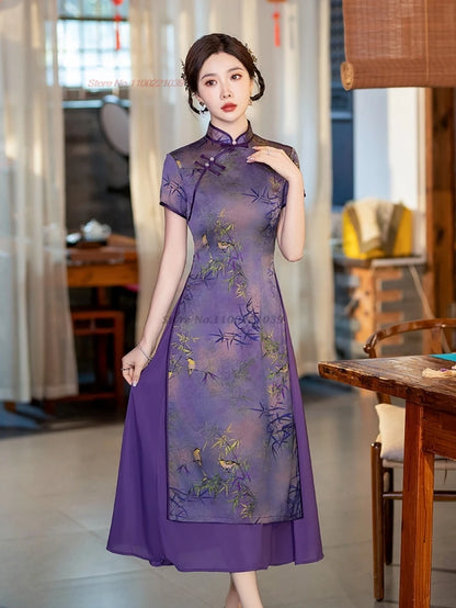 2026 Vietnam Aodai Dress Chinese Vintage Qipao Dress National Flower Print Improved Cheongsam Oriental Traditional Banquet Dress