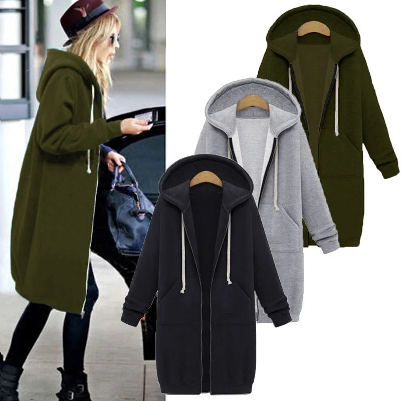 2025 Women Autumn Winter Thickenhoodies Parkas Loose Hooded Jackets Zipper Pocket Maxi Size Sweatshirt Sports Dresses Outwear