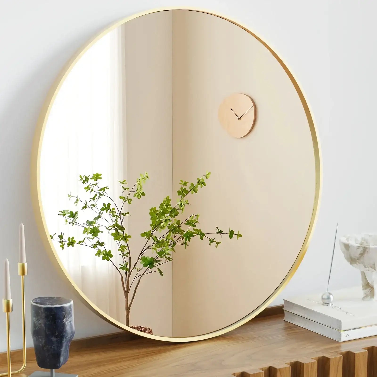 Large Gold Round Vanity Framed Mirror For Wall Matte Metal Framed 30 Inch Modern Mirror Tempered Glass Bedroom Living Room