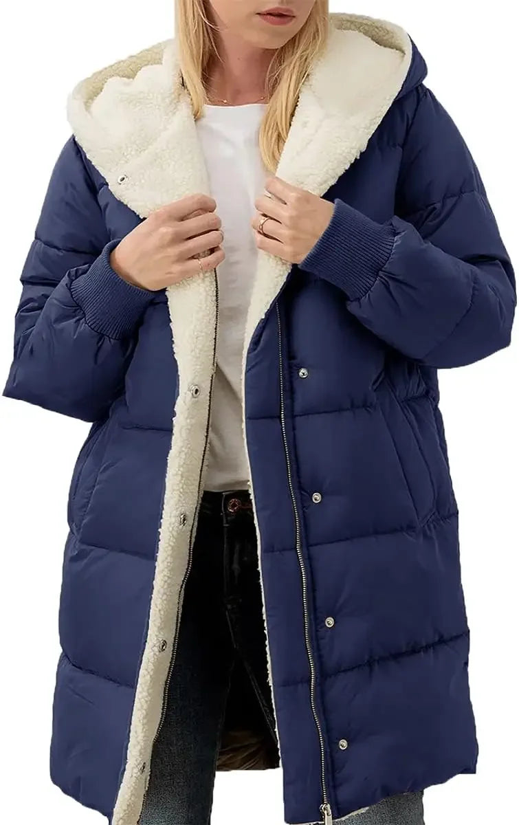 Women Winter Warm Coats Sherpa Fleece Lined Long Hooded Puffer Jacket