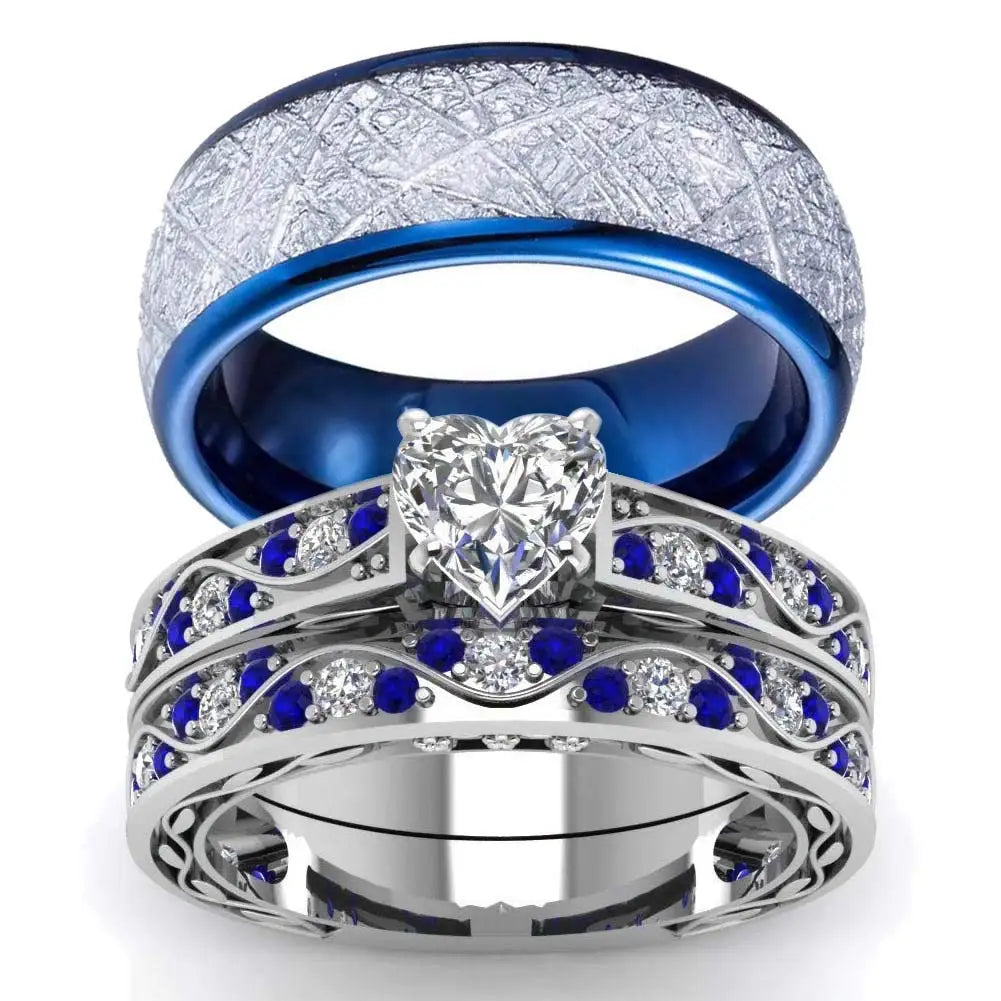 Fashion Couple Rings Romantic Women Heart Zircon Stone Rings Set Men Blue Stainless Steel Ring Wedding Party Jewelry Gifts