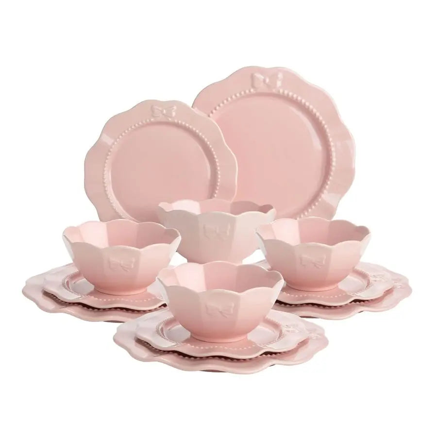 12Piece Dinnerware Set, Embossed Bow Design, Iconic Ceramic Stoneware Service For 4 With Dinner Plates, Salad Plates, And Bowls,