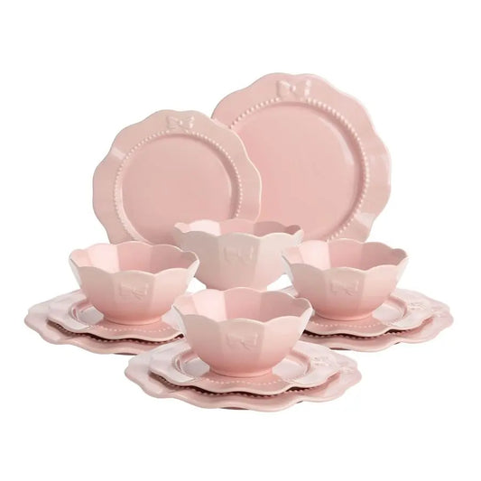 12Piece Dinnerware Set, Embossed Bow Design, Iconic Ceramic Stoneware Service For 4 With Dinner Plates, Salad Plates, And Bowls,