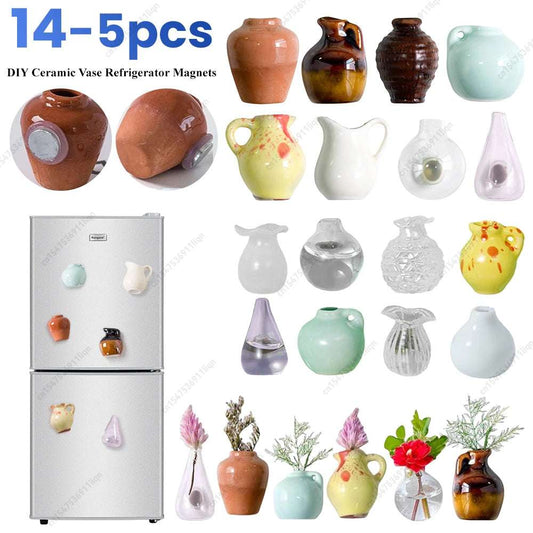 5-14pcs Gorgeous Ceramic Vase Refrigerator Magnets 3D Chinese Style Ceramic Vase Fridge Magnets Label for Flower Home Decoration