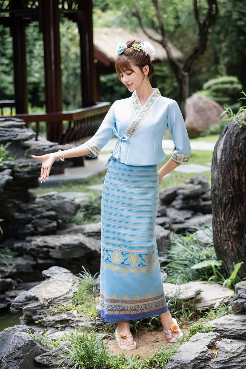 2024 Thailand Traditional Clothing Vintage Women 2piece Set slim Thai Dress elegant Women tea clothes Embroidered Hanfu N12072