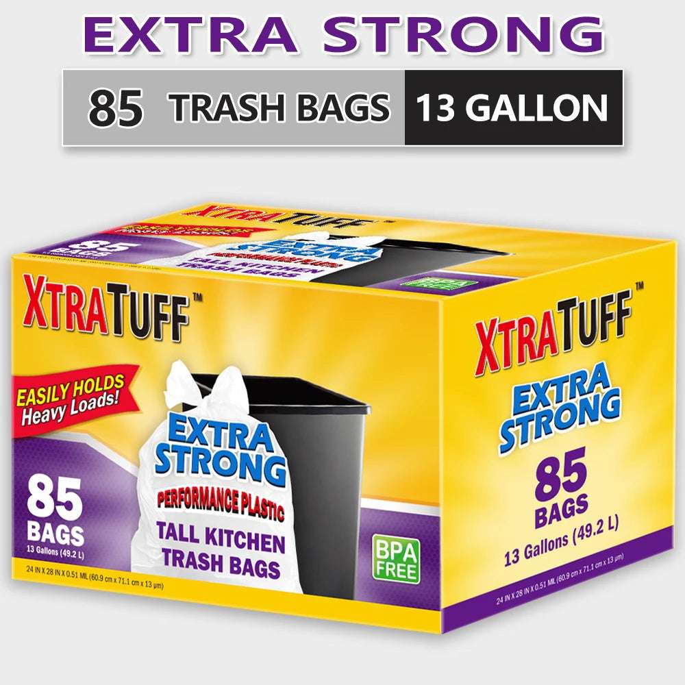 Xtratuff Tall Kitchen Trash Bags 13 Gallon Flap Ties Heavy Duty Garbage Bags White Trash Bag Box 85 Count
