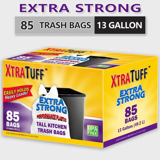 Xtratuff Tall Kitchen Trash Bags 13 Gallon Flap Ties Heavy Duty Garbage Bags White Trash Bag Box 85 Count