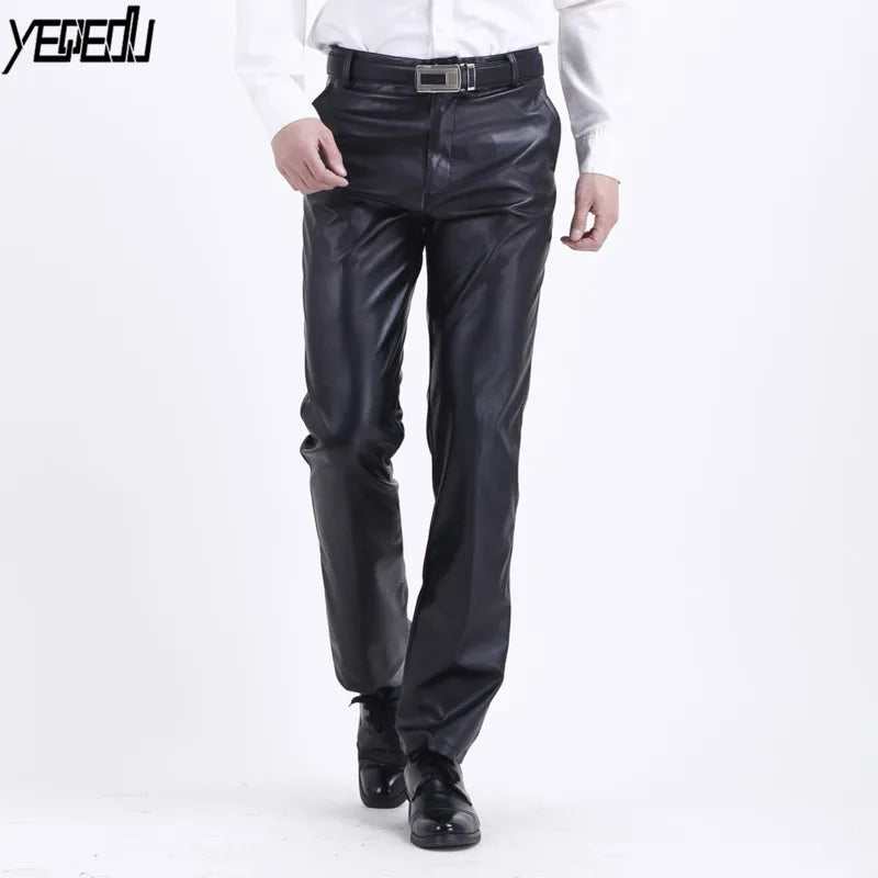 #2210 2023 Summer Waterproof Loose Stretch PU Faux Leather Pants Mentraight Fashion Thin Leather Trousers Men Black Plus Size