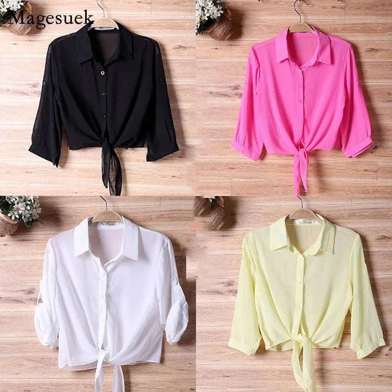 Thin Short Sleeve Chiffon Blouse For Women'S, Casual Button Up Shirts, Summer Sun Protection Clothes, White Tops, New, 13556