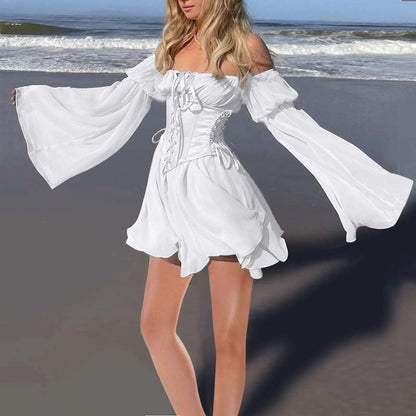 Women's Summer  Off Shoulder White Chiffon Corset Dress With Tight Waistband Fashion  Flare Sleeve Lace Up Mini Dress