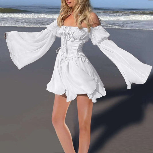 Women's Summer  Off Shoulder White Chiffon Corset Dress With Tight Waistband Fashion  Flare Sleeve Lace Up Mini Dress