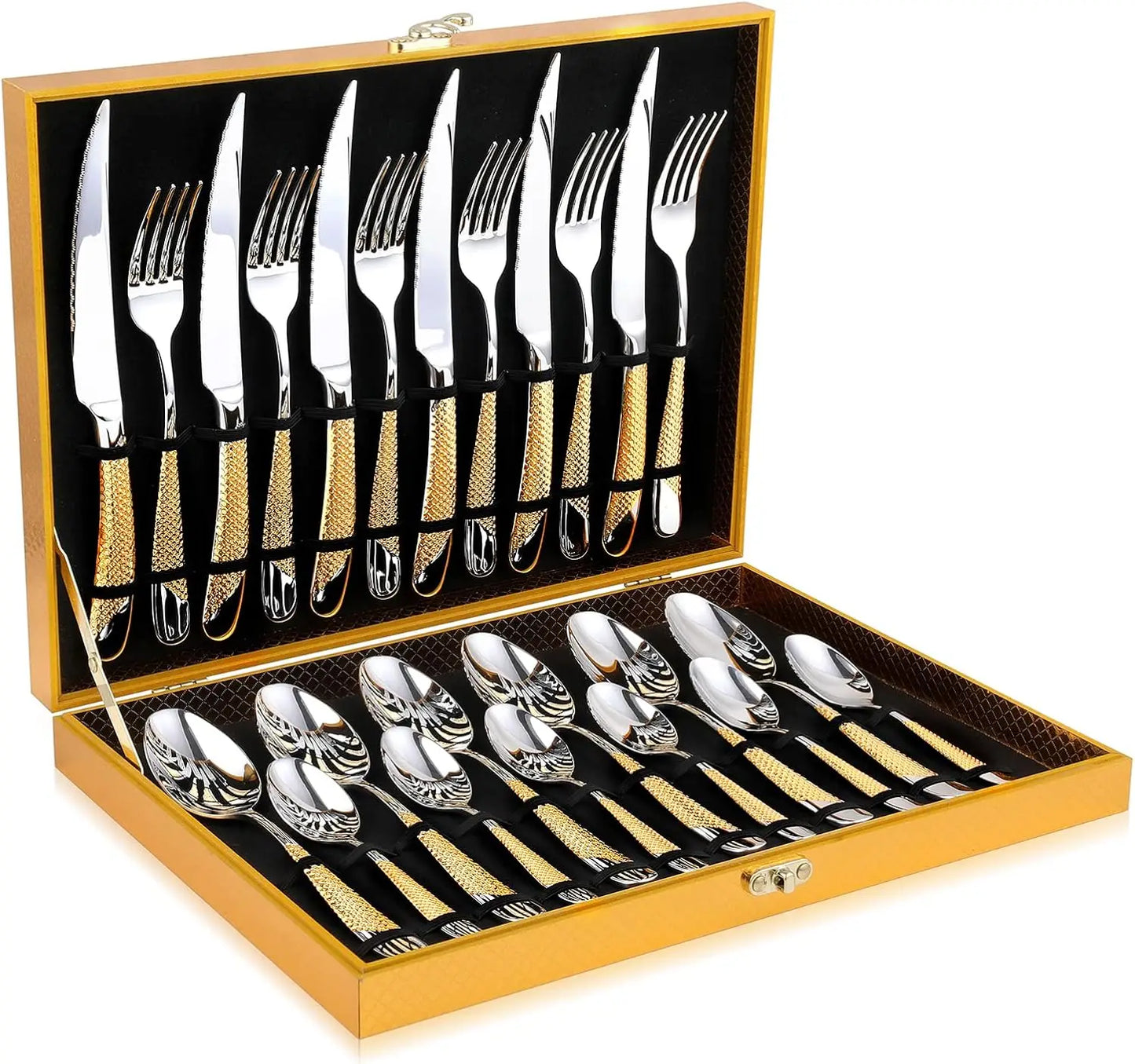 24-Piece Hammered Silver Gold Stainless Steel Flatware Set For 6, Durable And Elegant