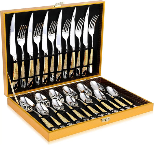 24-Piece Hammered Silver Gold Stainless Steel Flatware Set For 6, Durable And Elegant